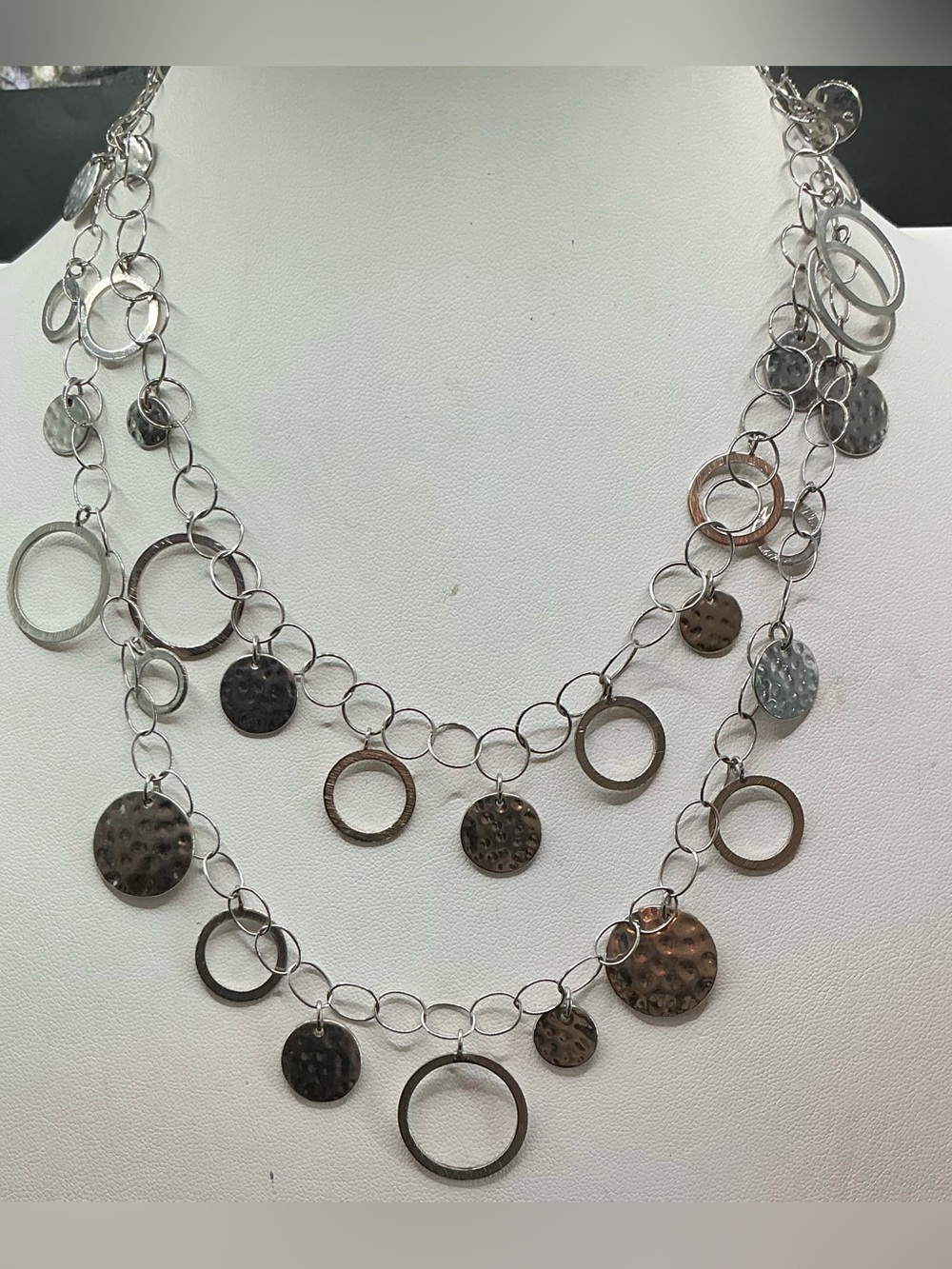 LOFT SILVERTONE MULTI LAYER HAMMERED DISCS STATEMENT NECKLACE